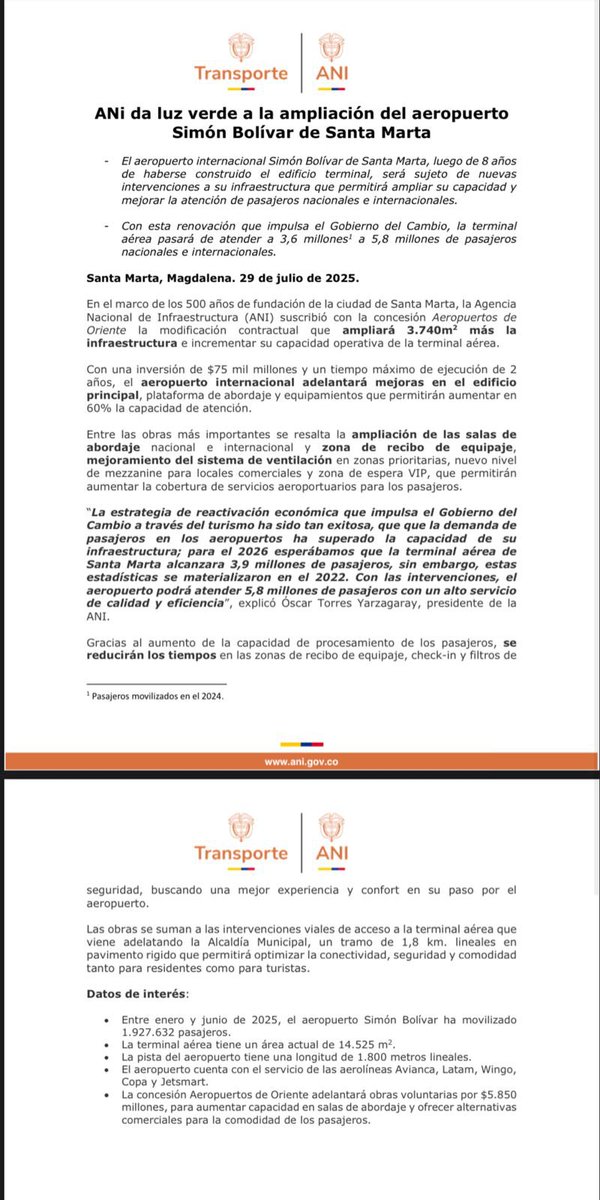 Agencia Nacional de Infraestructura (@ani_colombia) on Twitter photo #BuenasNoticias🤩| En el marco de los 500 años de fundación de #SantaMarta, suscribimos con la concesión Aeropuertos de Oriente la modificación contractual que ampliará 3.740m2 más la infraestructura e incrementará la capacidad operativa del <a href="/AeroSantaMarta/">Aeropuerto Santa Marta Simón Bolívar</a>✈️. #BuenasNoticias🤩| En el marco de los 500 años de fundación de #SantaMarta, suscribimos con la concesión Aeropuertos de Oriente la modificación contractual que ampliará 3.740m2 más la infraestructura e incrementará la capacidad operativa del <a href="/AeroSantaMarta/">Aeropuerto Santa Marta Simón Bolívar</a>✈️.