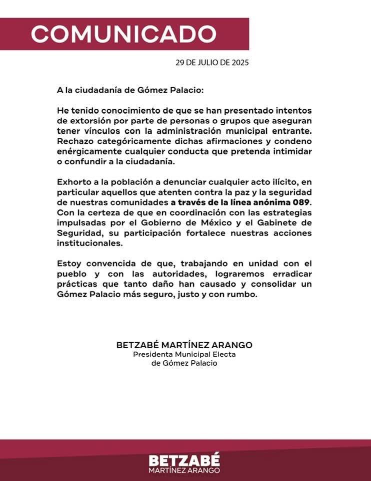 Eduardo Ortega S. (@eduardoortegas) on Twitter photo Ante recientes reportes de intentos de extorsión a nombre de personas que aseguran tener vínculos con la próxima administración municipal, la Presidenta Municipal Electa de Gómez Palacio, <a href="/BetzabeMtzA/">Betzabé Martínez Arango</a> hace un llamado a la ciudadanía a mantenerse alerta y no dejarse engañar.
A Ante recientes reportes de intentos de extorsión a nombre de personas que aseguran tener vínculos con la próxima administración municipal, la Presidenta Municipal Electa de Gómez Palacio, <a href="/BetzabeMtzA/">Betzabé Martínez Arango</a> hace un llamado a la ciudadanía a mantenerse alerta y no dejarse engañar.
A