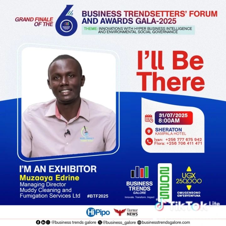 Muzaaya Edrine, Managing Director, <a href="/muddycleaning/">Muddy Cleaning And Fumigation Services</a>   will be at #BTF2025.Join the global brightest minds as we explore the future of hyper  business intelligence  and ESG. <a href="/YvompaTwit/">Yvonne Mpanga</a> 
*⃣50+ Exhibitors
*⃣Business Awards Gala
☎️Book your seat now.