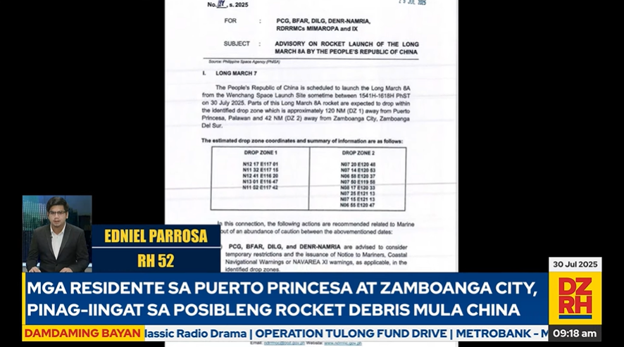 DZRH NEWS (@dzrhnews) on Twitter photo Mga residente sa Puerto Princesa at Zamboanga City, pinag-iingat sa posibleng rocket debris mula China | RH 52 <a href="/ednielparrosa/">Edniel Parrosa</a>, DZRH News
#DamdamingBayan
LIVE: facebook.com/share/v/1Ctsnx… Mga residente sa Puerto Princesa at Zamboanga City, pinag-iingat sa posibleng rocket debris mula China | RH 52 <a href="/ednielparrosa/">Edniel Parrosa</a>, DZRH News
#DamdamingBayan
LIVE: facebook.com/share/v/1Ctsnx…
