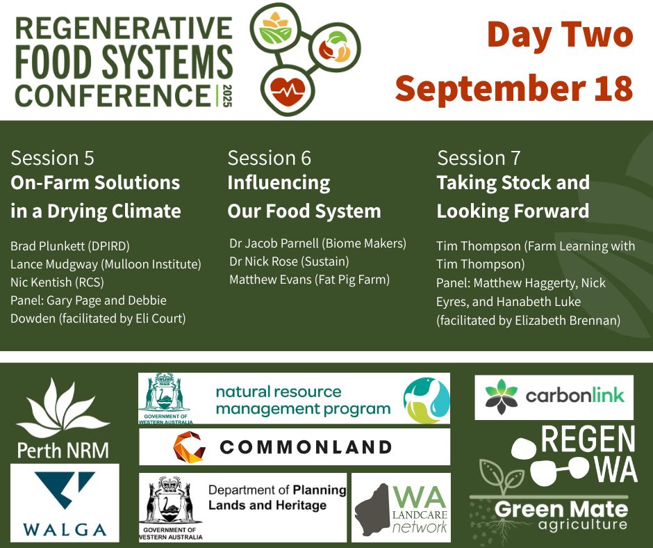 RegenWA (@regenwa) on Twitter photo The Regenerative Food Systems Conference program is here - visit the website to view & secure your tickets before Early Bird sales close at 5pm on 08/08!
buff.ly/5vVyWOc
<a href="/BiomeMakers/">Biome Makers</a>
<a href="/Commonland/">Commonland</a>
<a href="/MulloonInst/">Mulloon Institute</a>
<a href="/sustainaus/">Sustain Australia</a>
<a href="/SoilsforLife/">Soils For Life</a>
@dan_kittredge
<a href="/IntegratedSoils/">Joel Williams</a> The Regenerative Food Systems Conference program is here - visit the website to view & secure your tickets before Early Bird sales close at 5pm on 08/08!
buff.ly/5vVyWOc
<a href="/BiomeMakers/">Biome Makers</a>
<a href="/Commonland/">Commonland</a>
<a href="/MulloonInst/">Mulloon Institute</a>
<a href="/sustainaus/">Sustain Australia</a>
<a href="/SoilsforLife/">Soils For Life</a>
@dan_kittredge
<a href="/IntegratedSoils/">Joel Williams</a>