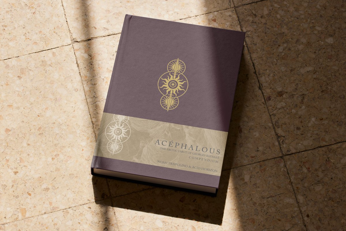 mock up of final Acéphalous compendium. nearing the day when it will be submitted to the printer. deck is inbound for early september.

linen casebound, gold leaf embossing, and belly band featuring artwork by <a href="/pen_keeper/">Noah Trapolino ✒️🖋️</a>