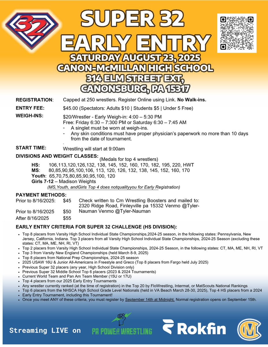 MAJOR ANNOUNCEMENT to our Super 32 Early Entry tourney! 

<a href="/PAPowerWrestle/">PA Power Wrestling</a> will be streaming the entire event! This means full video of every mat every round on <a href="/TheRokfin/">Rokfin</a> !! 

PA Power will also be doing a full preview with individual weight class previews closer to the event!