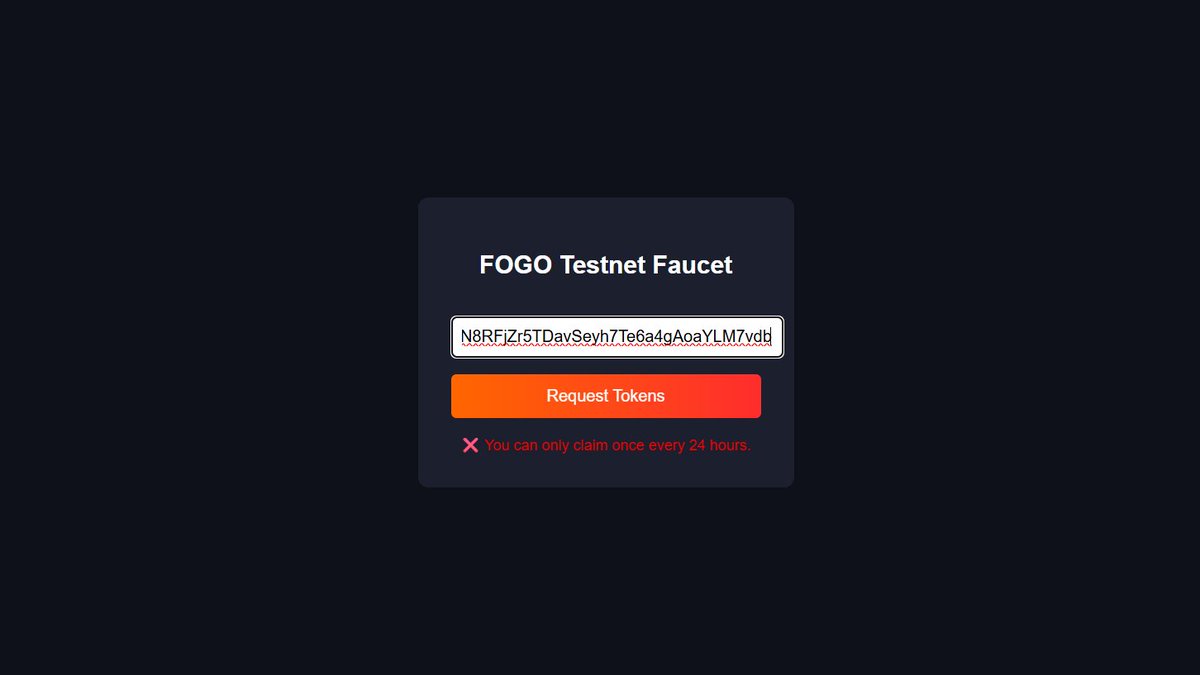 gfogo, fogees🔥

I built a faucet website for the FOGO community
fogo-faucet.onrender.com

I set a 24 hour cooldown per request, with 1 $FOGO each time. I could only host it on the free version of Render, so yea it does have some access limits. But honestly I just wanted to help