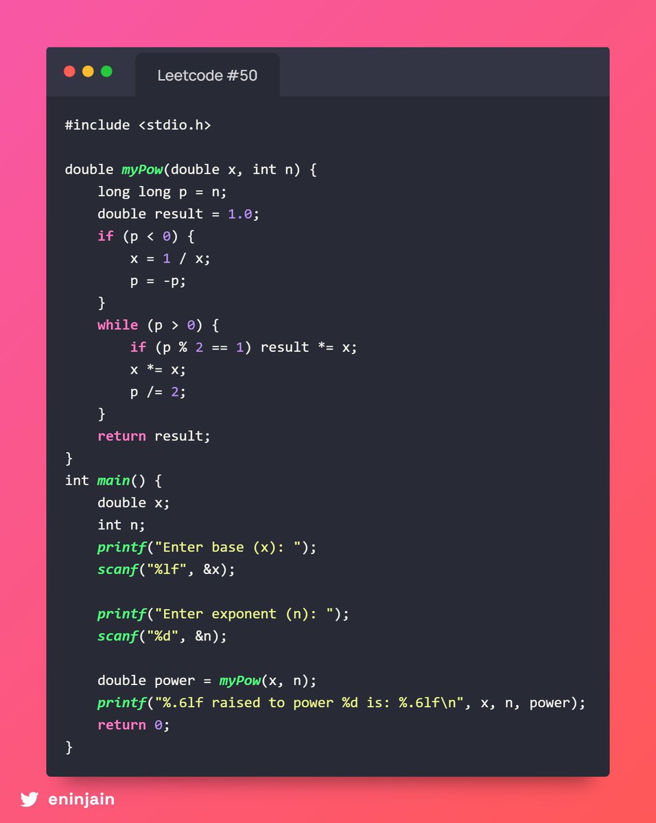 eninjain's tweet image. 🔢 #50 Pow(x, n) — Raise x to power n ⚡
Don’t multiply x again &amp; again! Use Fast Power:
👉 If n even: xⁿ = (x²)ⁿ⁄²
👉 If n odd: xⁿ = x × (x²)ⁿ⁄²
👉 If n &lt; 0: flip → x = 1/x, n = -n
⏱ Time: O(log n)
📦 Space: O(1)
#SmartMath #BinaryPower #LeetCodeMedium