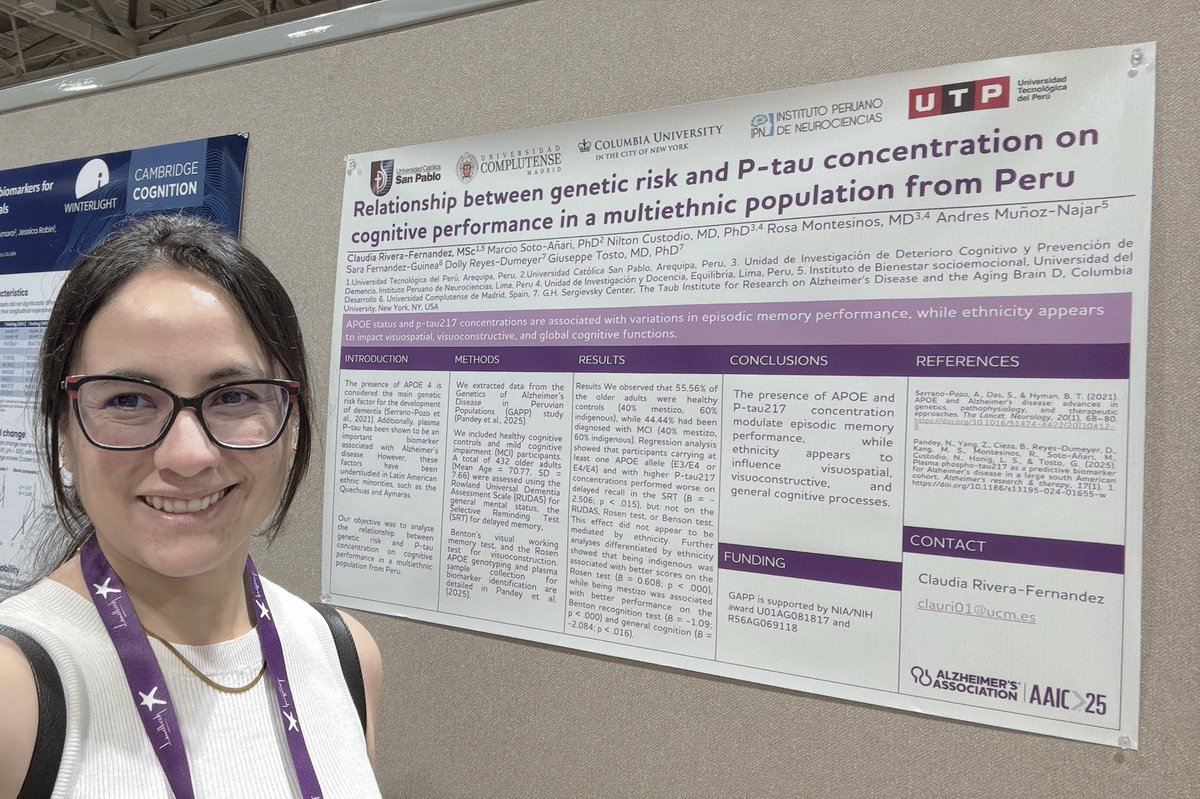 ClaudiaRivFer's tweet image. Presenting my preliminary results of APOE e4 and Ptau 217 over cognition in quechua and aymara population from GAPP study at #AAIC25 in Toronto. Thanks to @GiusToLab, @NiltonCustodio8 @marciosotoanari