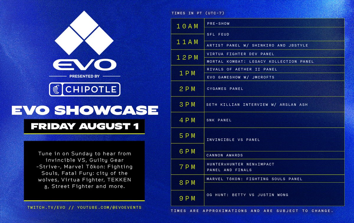 Tune in to Day 1 of #Evo2025 to catch this year's Evo Showcase, featuring a variety of exhibitions, panels, and other programming!

Plus, don't miss Evo Sunday Arena Features &amp; Announcements from fighting game devs before every Top 8.