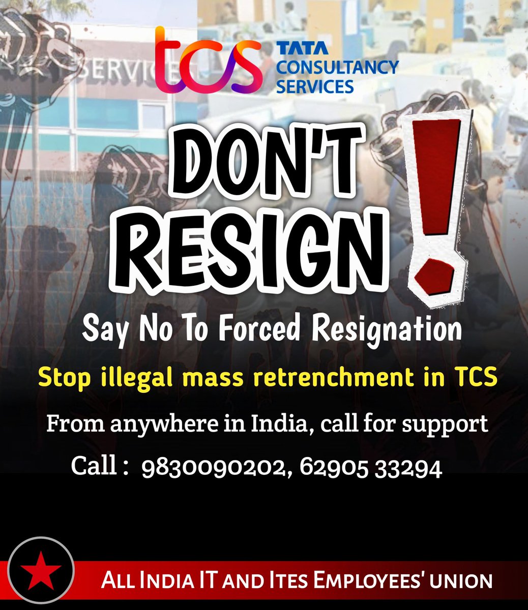 <a href="/aiiteu/">AIITEU</a> has launched a helpline for TCS employees across India, who are being forced to resign.

Please spread the message. We need your support.

<a href="/NDTVProfit/">NDTV Profit News Feed</a> <a href="/NewIndianXpress/">The New Indian Express</a> <a href="/Xpress_edex/">Edex - The New Indian Express</a> <a href="/the_hindu/">The Hindu</a> <a href="/ttindia/">The Telegraph</a>