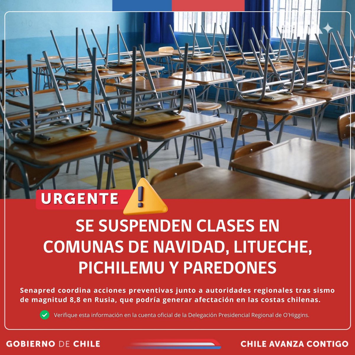 GeorgeEnOff (@georgeenoff) on Twitter photo 📢 ¡ATENCIÓN! Se suspenden las clases para este miércoles 30 de julio en las comunas costeras de O'Higgins.
La medida aplica para:
Navidad
Litueche
Pichilemu
Paredones
Esta es una acción preventiva por la #AlertaAmarilla de Tsunami.
<a href="/alegriagonzaa/">Alejandro Alegria 🌴</a> <a href="/ekiztelevision/">Ekiz Televisión</a> 📢 ¡ATENCIÓN! Se suspenden las clases para este miércoles 30 de julio en las comunas costeras de O'Higgins.
La medida aplica para:
Navidad
Litueche
Pichilemu
Paredones
Esta es una acción preventiva por la #AlertaAmarilla de Tsunami.
<a href="/alegriagonzaa/">Alejandro Alegria 🌴</a> <a href="/ekiztelevision/">Ekiz Televisión</a>