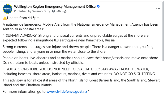 Update from 4:16pm
A nationwide Emergency Mobile Alert from the National Emergency Management Agency has been sent to all in coastal area. See screenshot below for the alert message.
For more information go to civildefence.govt.nz