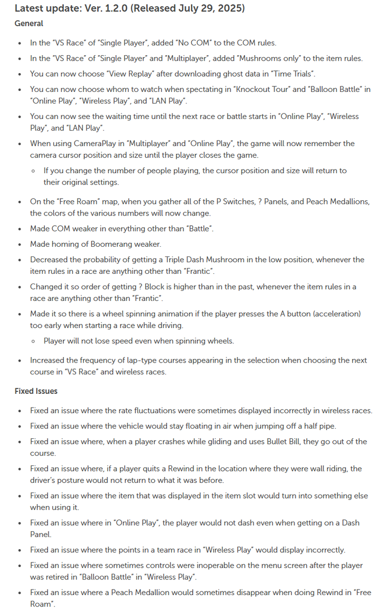 Stealth40k's tweet photo. Nintendo released a huge update for Mario Kart World. 

Highlights:
- 3 Lap Courses will appear more often
- CPU will be weaker
- Mushroom only option in Vs. https://t.co/Lo9y04y2Md