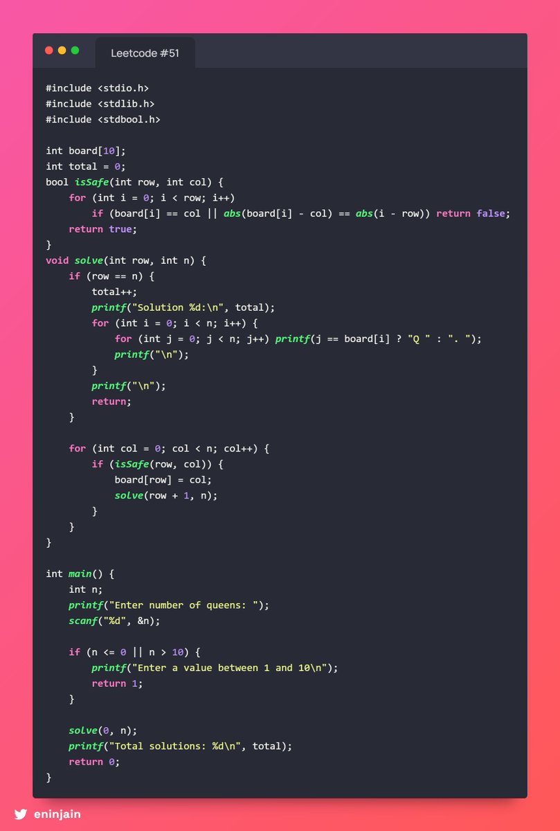 eninjain's tweet image. 🔢 #51 N-Queens: Place n queens on an n×n board so none attack each other (no same row, column, or diagonal).
💡 Use backtracking: place row by row, skip unsafe spots, backtrack if stuck.
⏱ Time: O(n!), 📦 Space: O(n)
#NQueens #Backtracking #LeetCodeHard ♟️