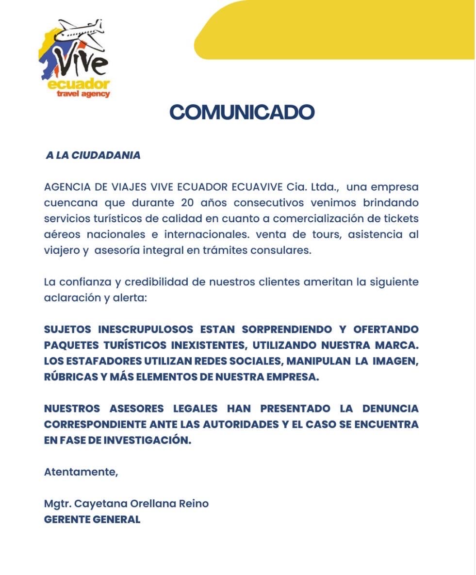 OJO con esta alerta⤵️

La agencia de viajes Ecuavive, de Cuenca, denuncia estafas tomándose su nombre.