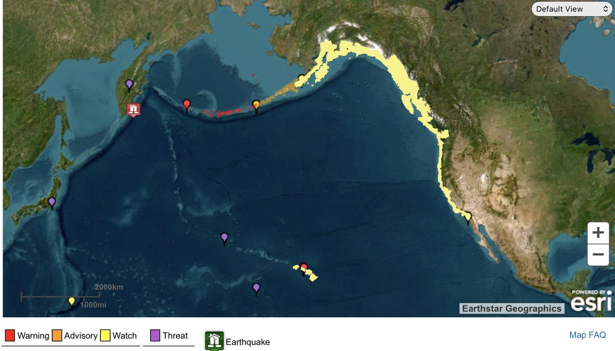 The entire U.S. west coast is under a tsunami watch following the M 8.7 quake off the coast of Russia.
All of Hawaii is under a tsunami warning.
Earthquakes over 8.0 magnitude are extremely rare and destructive.