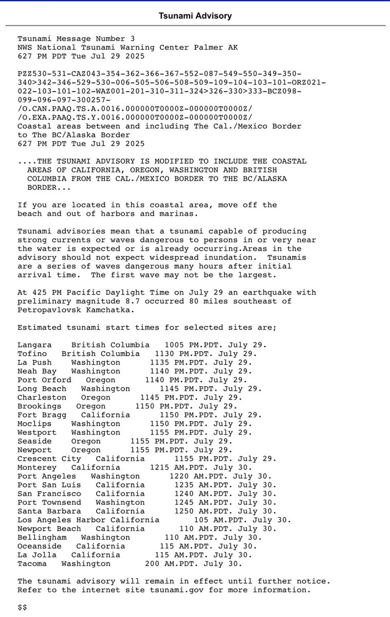 TSUNAMI ADVISORY issued for the entire west coast.