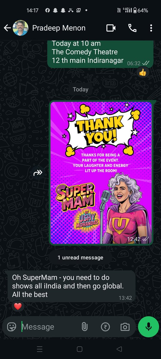 UshyMohanDas's tweet photo. This says it all! Thank You All! It means a lot! @rajcheerfull @amithpr @DILIPtheCHERIAN @anilkohli54 and all my other friends who believed in me ....Here we go🙏❤️#SuperMam #standupcomedy https://t.co/H1QAqAQjDH