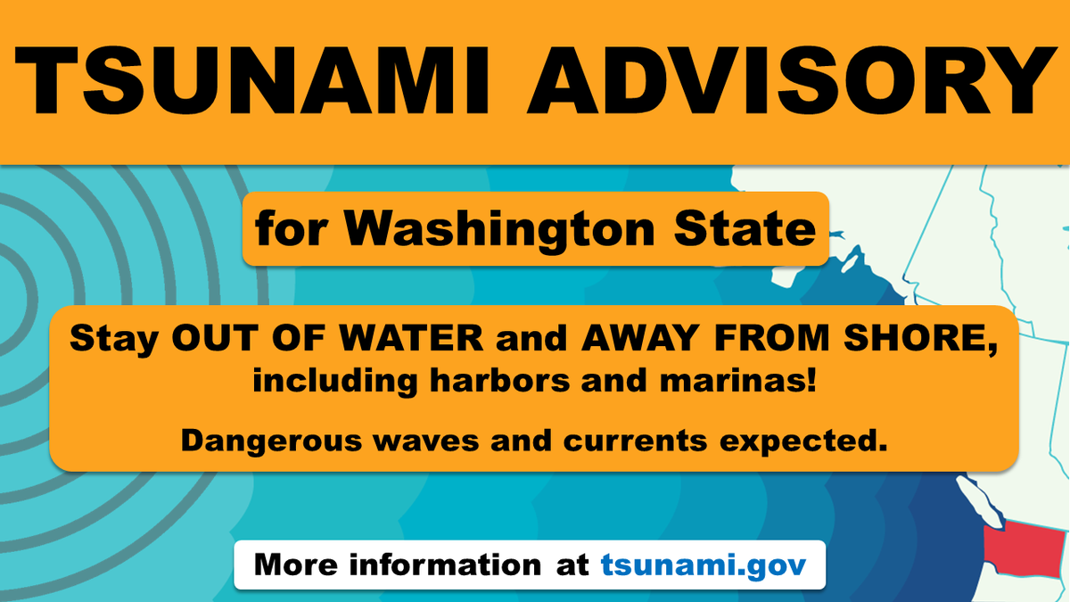 WA Emergency Management (@waemd) on Twitter photo The <a href="/NWS_NTWC/">NWS Tsunami Alerts</a> has now issued a #tsunami ADVISORY for Washington state. If you are on the coast, stay OUT OF THE WATER & AWAY FROM THE SHORE, which includes HARBORS and MARINAS due to strong currents & dangerous waves.
Details here: tsunami.gov/events/PAAQ/20… #wawx The <a href="/NWS_NTWC/">NWS Tsunami Alerts</a> has now issued a #tsunami ADVISORY for Washington state. If you are on the coast, stay OUT OF THE WATER & AWAY FROM THE SHORE, which includes HARBORS and MARINAS due to strong currents & dangerous waves.
Details here: tsunami.gov/events/PAAQ/20… #wawx