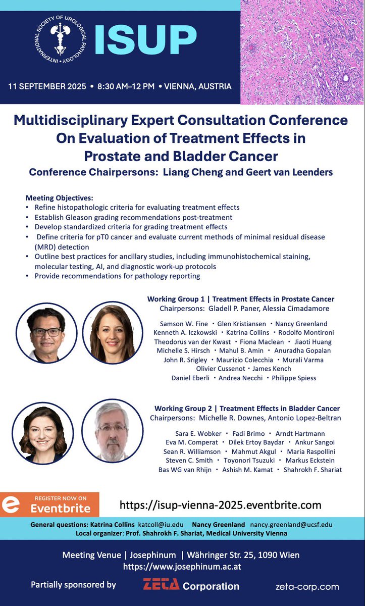 -                Vienna 2025 ISUP Multidisciplinary Expert Consultation Conference
Mark your calendars! The International Society of Urological Pathology (ISUP) will host a Multidisciplinary Expert Consultation Conference on Treatment Effects of Prostate and Bladder Cancer on