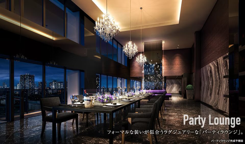 シティタワーズ東京ベイのパーティラウンジの眺望が強すぎた！東京タワー、スカイツリーのどちらもしっかり見えて、天気が良ければ富士山も🗻あと有明ガーデンの水のテラスのライトアップも綺麗✨