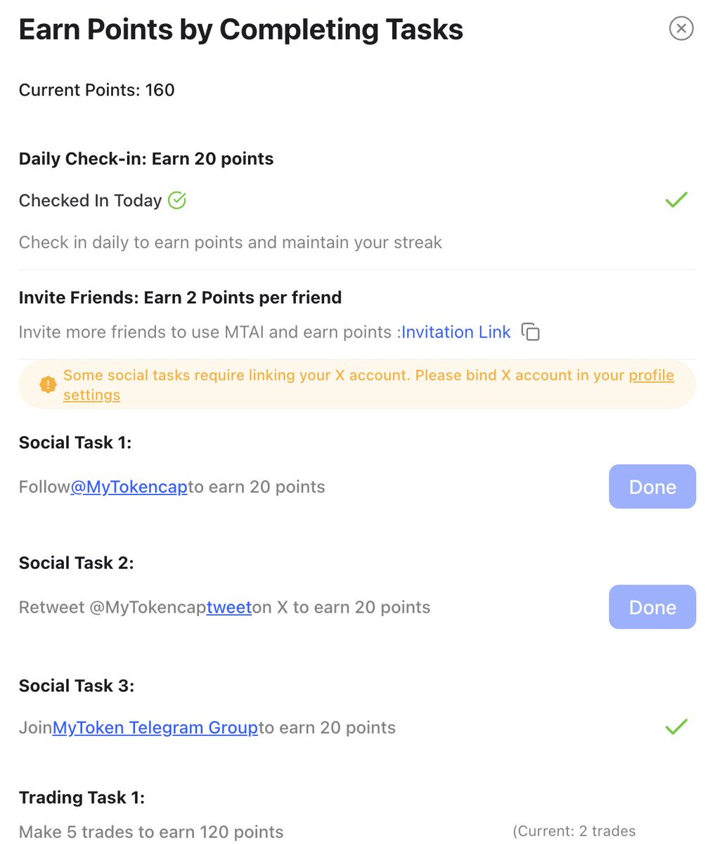 🚀Our Point System exclusive to #MyTokenAI is now LIVE, a major loyalty program to reward efforts in expanding our system  

🪂Simply login by your telegram, complete your daily check-ins, social or trading tasks to earn points and redeem surprise in the future  

✨All points