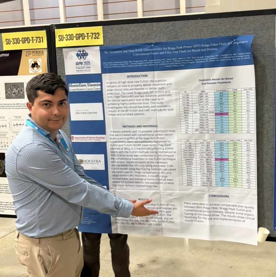Tyler Kaulfers (Class of 2024, Physics Resident at Montie) continued his FLASH research with the presentation: “SU-330-GPD-T-732: The Dosimetric and Dose Rate Characteristics for Bragg Peak Proton Mini-Ridge Filter FLASH in Comparison to Conventional Proton…”  Great work, Tyler!