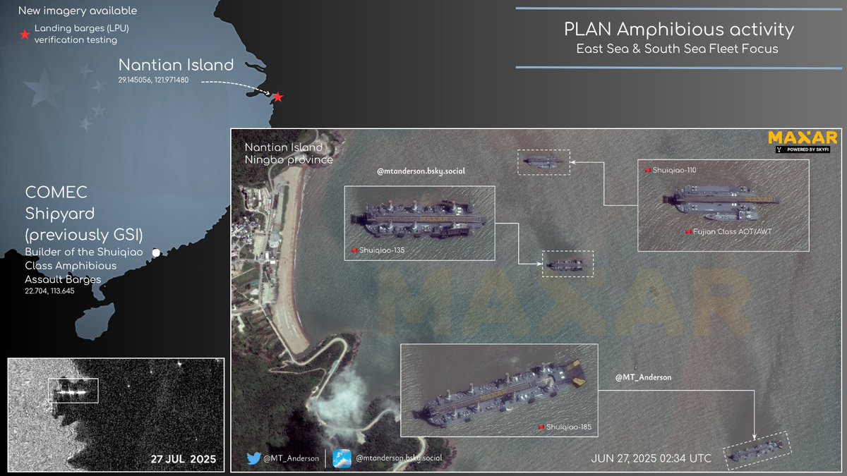 🔎PLAN Shuiqiao Update &amp; Correction

Earlier, I noted the absence of the first batch of #Shuqiao class amphibious assault barges. Huge thanks to <a href="/SinoTalk/">Sino Talk (Joaquin Camarena)</a> (Joaquin Camarena) for the excellent clarification (and great posts on the topic)!

New imagery confirms these 3 barges (seen