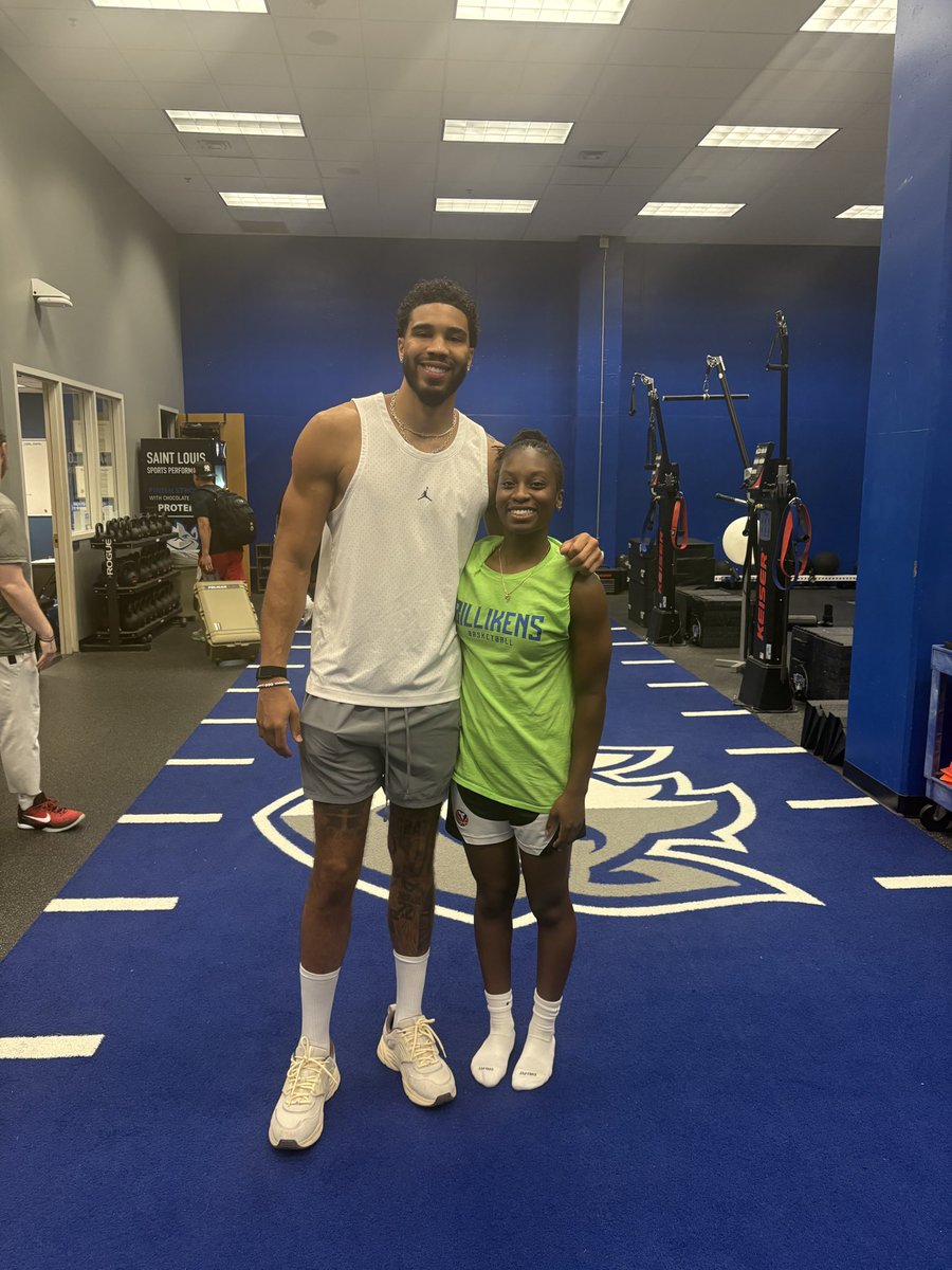 SaintLouisWBB's tweet photo. Some of our women met @jaytatum0, a Saint Louis native, who is an NBA Champion and MVP, 6x NBA All-Star and 2x Olympic gold medalist working out in our facility! Constantly around greatness! @celtics https://t.co/c6CqCH6zGY
