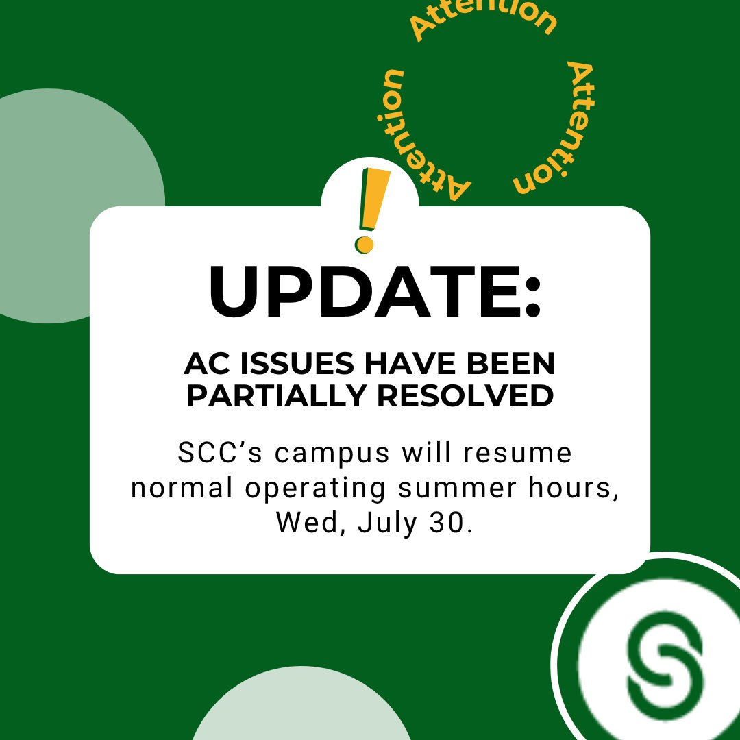 ScottsdaleCC's tweet photo. The AC issues SCC  today have been partially resolved. Campus will be open tomorrow 7/30/25

The following buildings remain closed:
CM
AP
NS
FW
LC

If you have classes scheduled in these buildings, your instructor will be in communication with you.

More updates will follow. https://t.co/yj0TGriFDQ