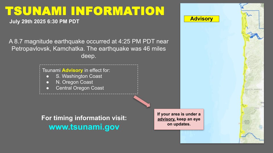 The Tsunami Watch has been changed to a Tsunami Advisory.  Tsunami waves can be expected between 1140 pm and 1155 pm.
Wave Heights on Long Beach, WA are expected to be less than a foot. Seaside and Newport are not yet available.
Tsunami Evacuation Zones: nvs.nanoos.org/TsunamiEvac