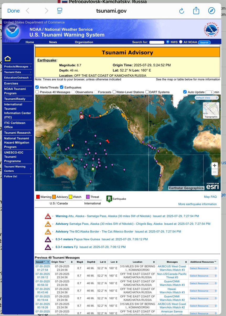 #USGS: Russian earthquake upgraded to 8.8 magnitude, which is nearly 10 times stronger than previously reported 8.0 since Richter scale is logarithmic. Strong aftershocks up to 6.9 magnitude. BC coast:  be aware!
TSUNAMI THREAT now indicated around the Pacific basin. #EARTHQUAKE