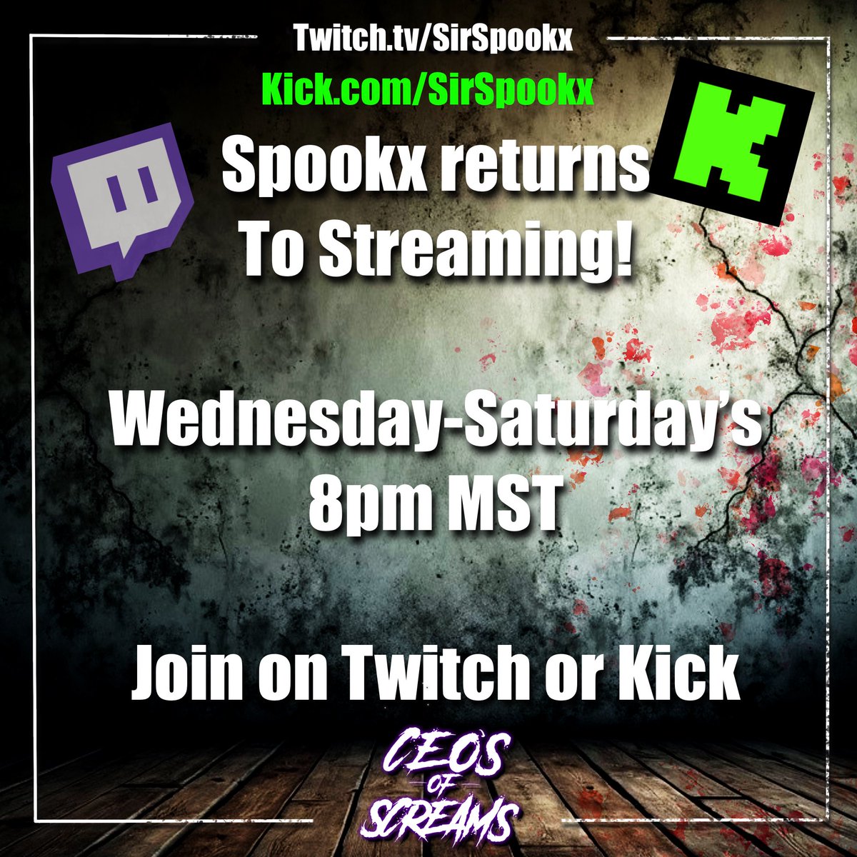 SirSpookx's tweet photo. @CEOsOfScreams
I’m BACK.
Streaming horror, and chaos
Catch me on Twitch & Kick, starting this week: 🗓️ Wed–Sat 🕗 8PM MST
Come through and let’s get spooky 💀
🎮 https://t.co/qmpRP69nkN
🎥 https://t.co/oru8L0GQSW
#TwitchStreamer #StreamReturn #HorrorGames #StreamerSchedule https://t.co/KhEJZGVVYa