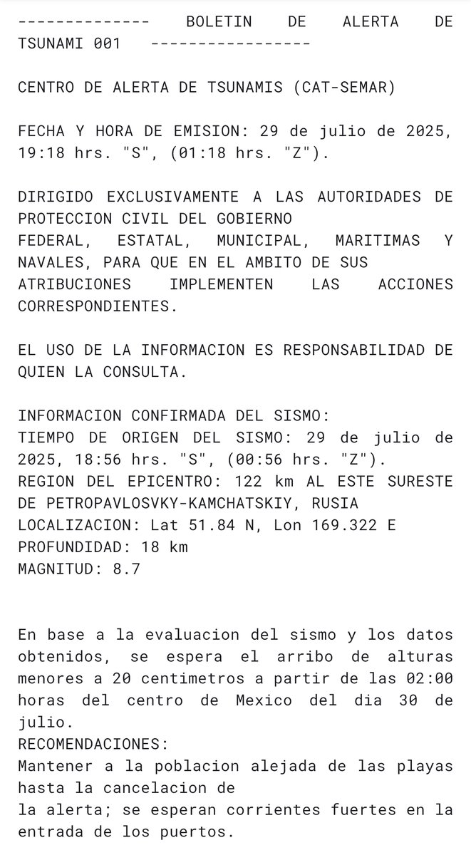 lo cual confirma la presencia de un tsunami. De acuerdo al Centro de Alerta de Tsunamis de la SEMAR, única entidad en México facultada para emitir alertamientos por tsunamis, en costas mexicanas se esperan pequeñas perturbaciones menores a 20 cm...