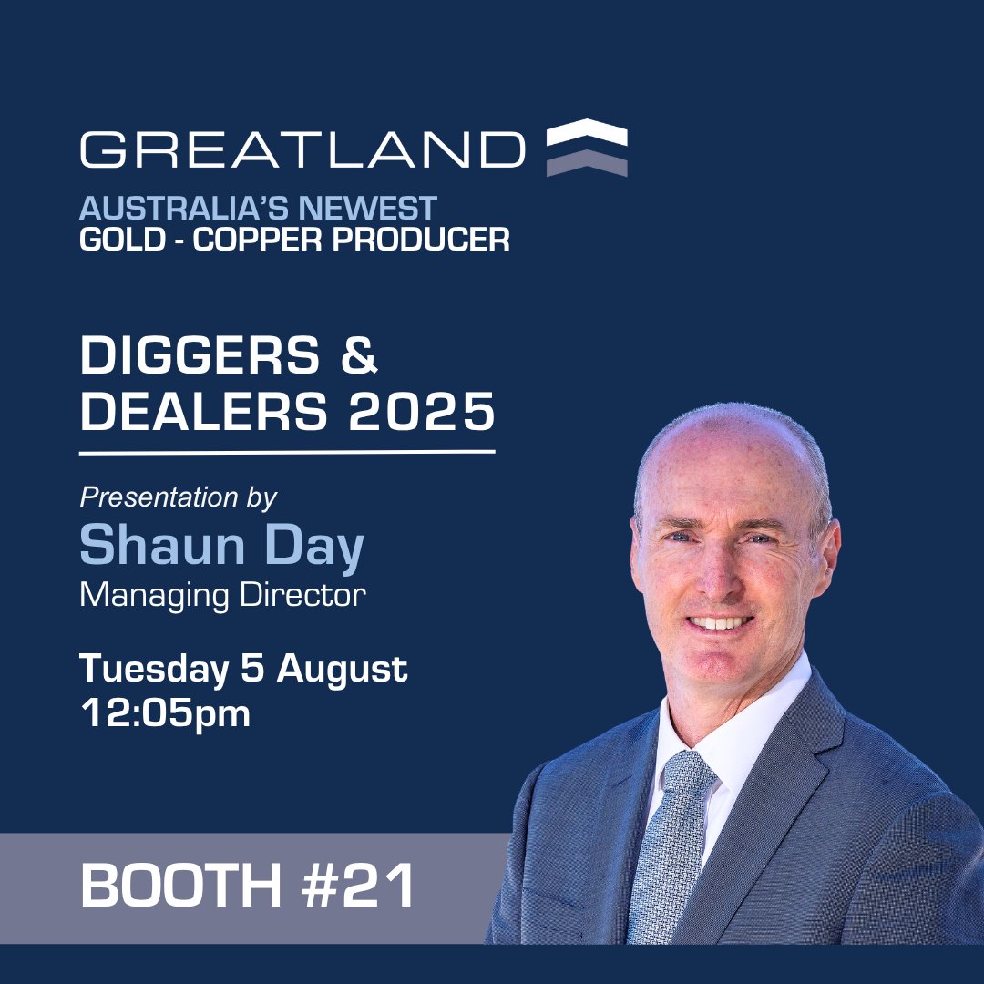 MD <a href="/shaun_day_/">Shaun Day</a> will present at <a href="/diggersndealers/">Diggers & Dealers Mining Forum</a> on Tues 5 Aug at 12:05pm. Hear how Greatland is advancing as a leading gold-copper producer following our ASX dual listing in June. Catch us at Booth 21 from 4–6 Aug. Stream: bit.ly/459EMXb

$GGP.L #GPP #Greatland