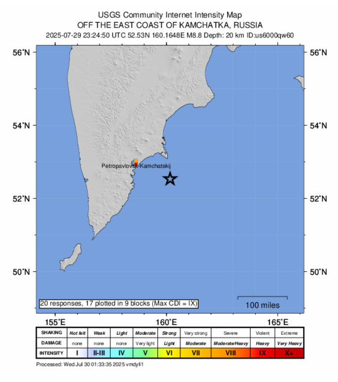 Just getting up to speed on the 8.8M earthquake off the Kamchatka Peninsula. Will be a thread.