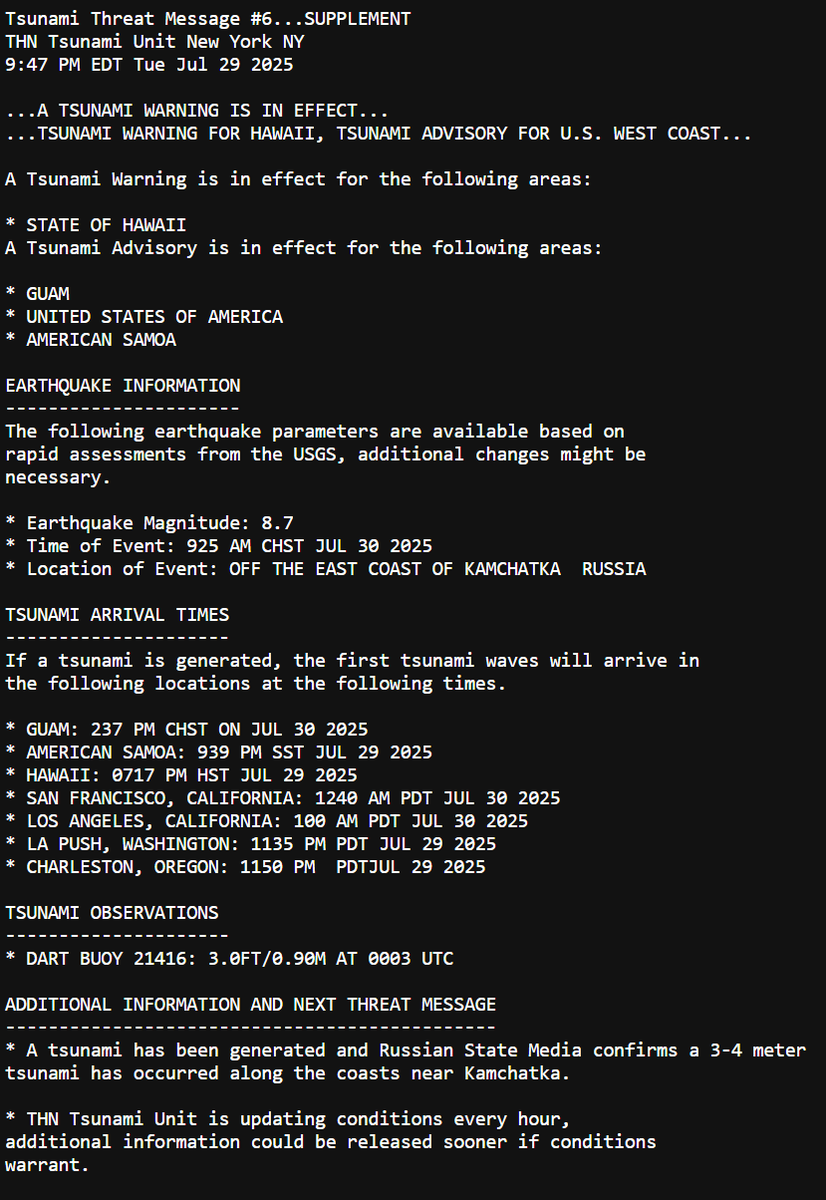 Here is the latest summary of tsunami alerts for U.S. interests within the Pacific ocean basin.  A text summary of information can be found at anytime by going to hurricanenetwork.org/tsunami. #tsunami