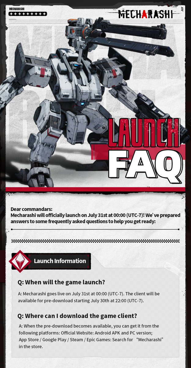 mecharashi's tweet image. 𝐋𝐚𝐮𝐧𝐜𝐡 𝐅𝐀𝐐

Dear Commander:
Mecharashi will officially launch on July 31st at 00:00 (UTC-7)! We’ve prepared answers to some frequently asked questions to help you get ready:

#Mecharashi #MechaGame #turnbased