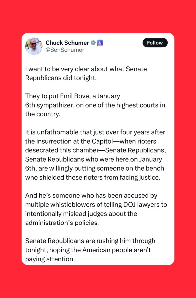BREAKING - Chuck Schumer is NOT happy that Emil Bove has been confirmed tonight.