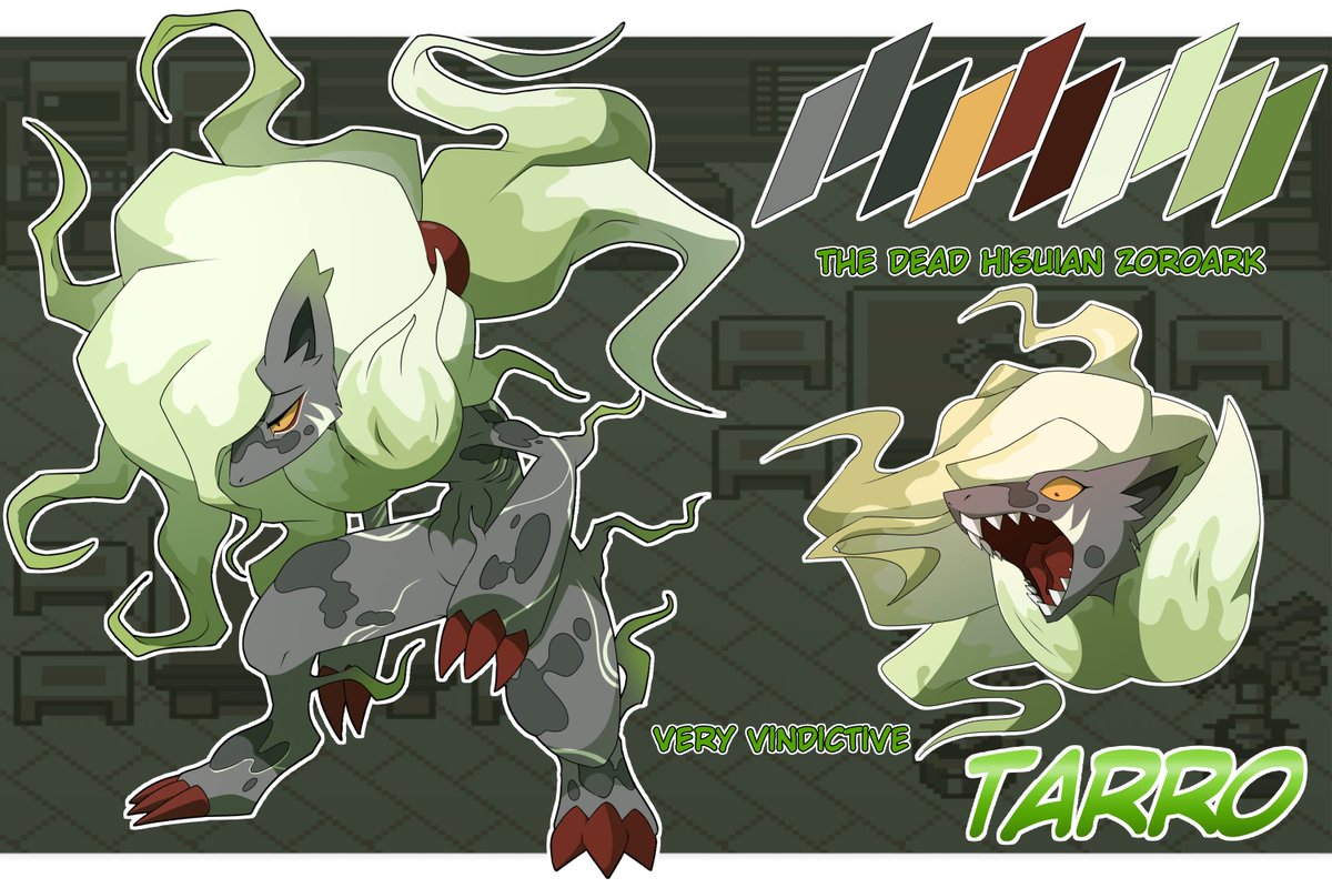 ➥ NSFW Tarro Reference Sheet - (My thinly veiled secret husbando)  

Name - Tarro (Hes too poor to have a full name) 
Species - Hisuian Zoroark (Dead)
Nature - Lonely 
Occasional Held Items - Quick Claw