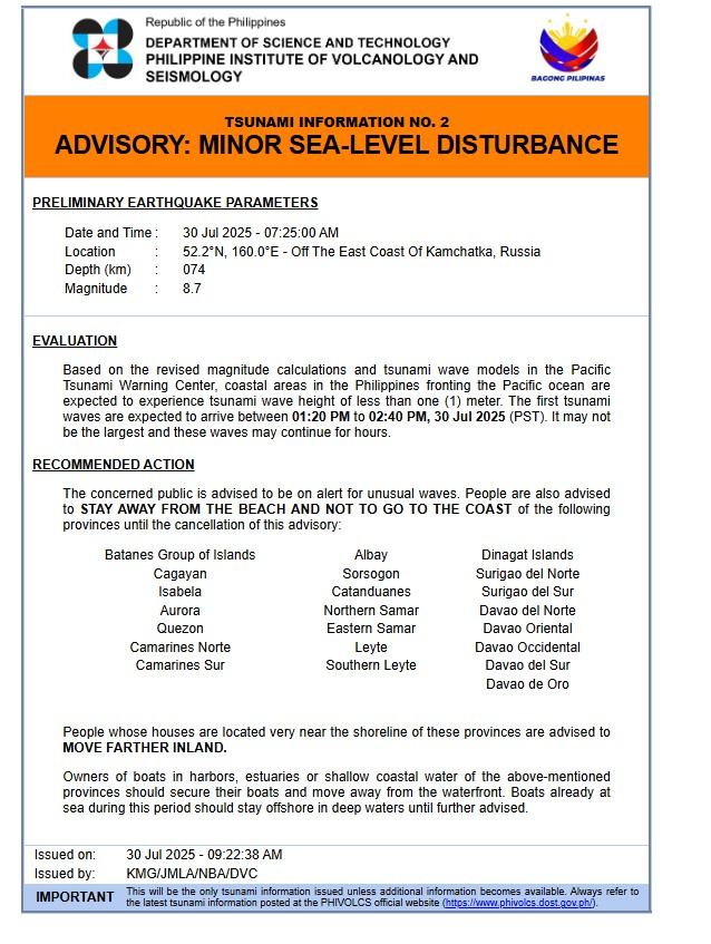 PIA Desk (@piadesk) on Twitter photo 🚨 Tsunami Advisory
According to <a href="/phivolcs_dost/">PHIVOLCS-DOST</a>, waves less than 1 meter may hit coastal areas in the Philippines fronting the Pacific Ocean between 1:20–2:40 PM PST, July 30.
🚫 Stay away from the shore.
🏃♂️ Move inland if near the beach.
Follow the instruction of authorities. 🚨 Tsunami Advisory
According to <a href="/phivolcs_dost/">PHIVOLCS-DOST</a>, waves less than 1 meter may hit coastal areas in the Philippines fronting the Pacific Ocean between 1:20–2:40 PM PST, July 30.
🚫 Stay away from the shore.
🏃♂️ Move inland if near the beach.
Follow the instruction of authorities.