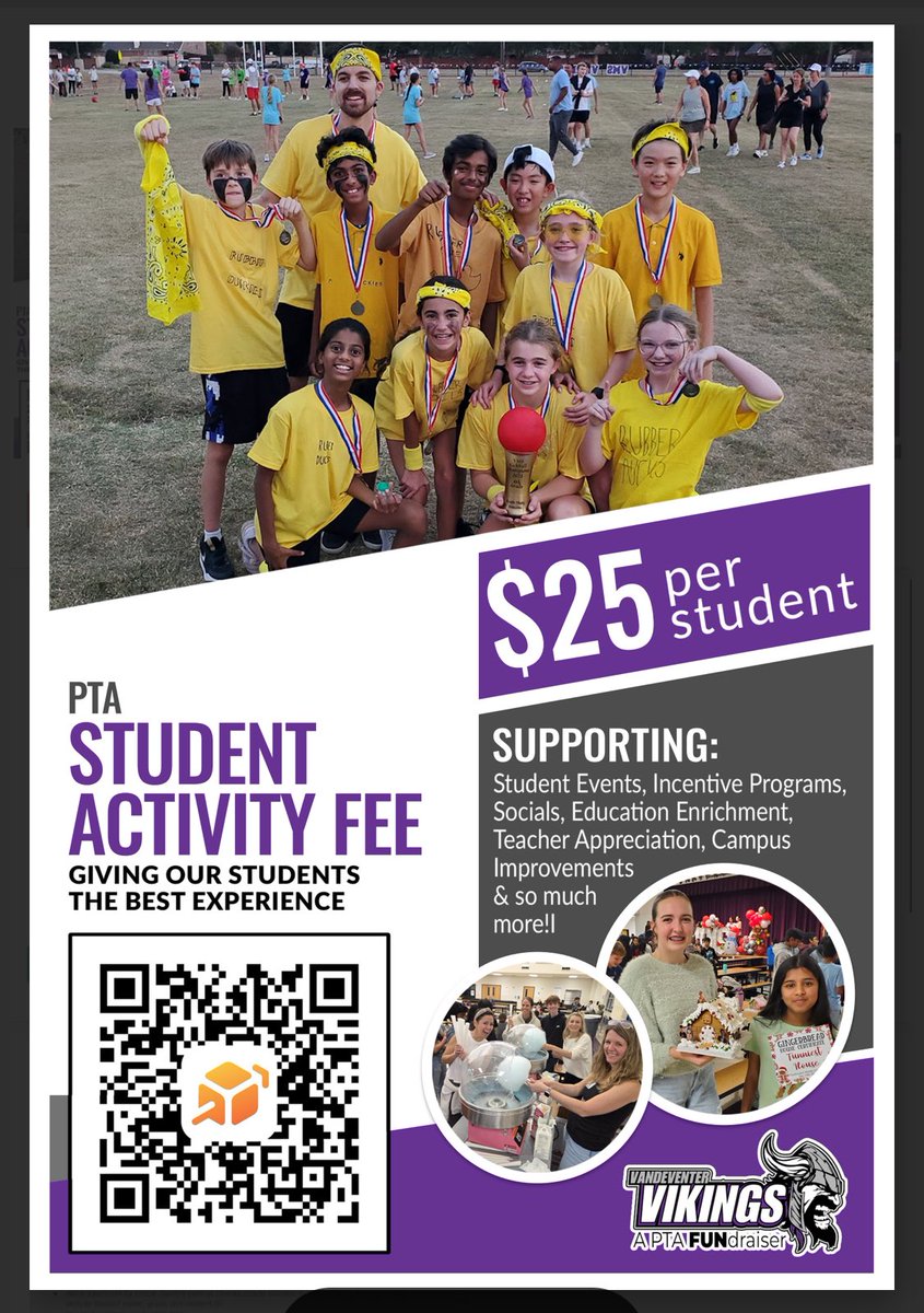 Another grear year is right around the corner! We need your help funding the many events planned; such as, the kickball tournament, socials, multicultural night, STEAM programs and more!  Please pay $25 to the VMS PTA student activity fund to get this year started! Thank you! PTA