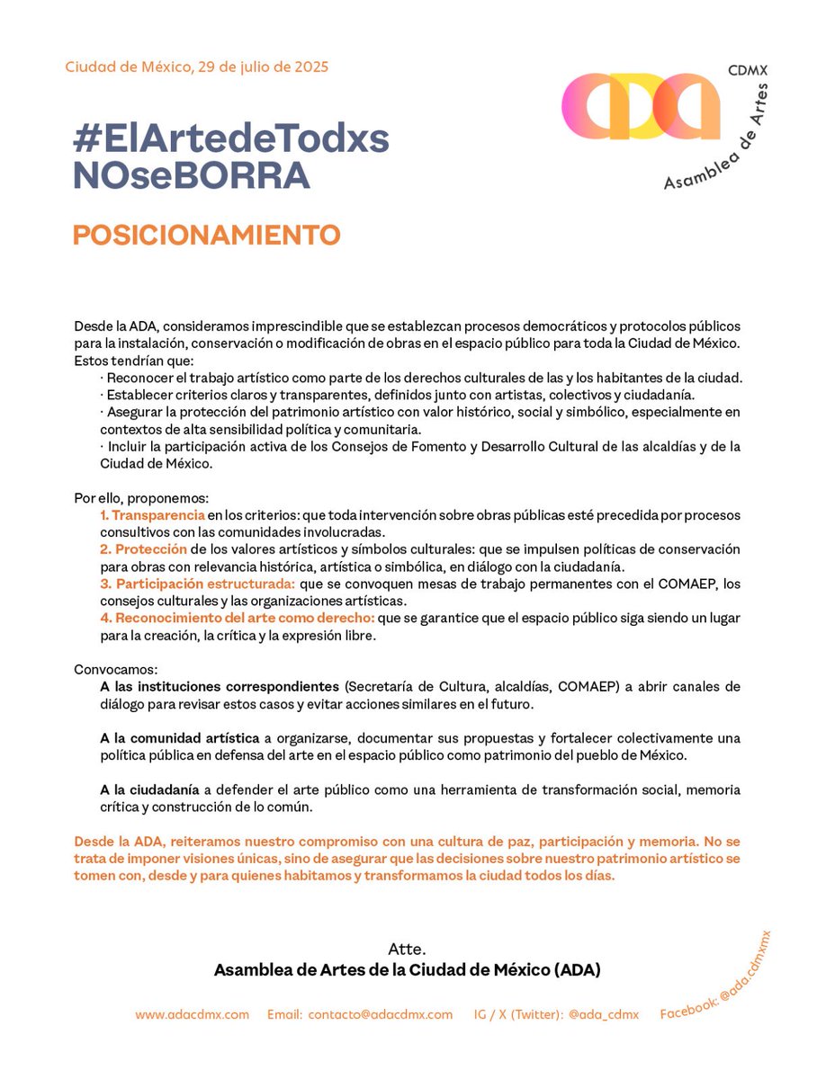 El arte en el espacio público representa memoria histórica y barrial, borrarlo es omitir la participación ciudadana. Hacemos este posicionamiento dirigido a la ciudadanía, sector cultural y a <a href="/AlessandraRdlv/">Alessandra Rojo de la Vega</a> <a href="/AlcCuauhtemocMx/">Alcaldía Cuauhtémoc</a> #culturacdmx #cultura #murales #Elartedetodxsnoseborra