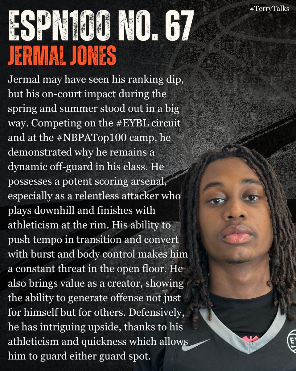 Terry Drake (@tdrakebasktball) on Twitter photo 🚨 #TerryTalks 🚨
Jermal Jones
ESPN100 No. 67
ESPN Scouting Profile ➡️ insider.espn.com/college-sports…
#PaulBiancardi #ESPN #ESPNRankings <a href="/PaulBiancardi/">Paul Biancardi</a> <a href="/SCNext/">SportsCenter NEXT</a> @ESPN
<a href="/Ani_Umana/">Ani Umana</a> #EYBL #NikeBaskeball <a href="/NikeEYB/">EliteYouthBasketball</a> <a href="/nikebasketball/">Nike Basketball</a> <a href="/john_stovall/">John Stovall</a> <a href="/Top100Camp/">Top 100 Camp</a> <a href="/fl_Rebels/">Florida Rebels</a> <a href="/JermalJonesJr0/">Jermal Jones Jr</a> 🚨 #TerryTalks 🚨
Jermal Jones
ESPN100 No. 67
ESPN Scouting Profile ➡️ insider.espn.com/college-sports…
#PaulBiancardi #ESPN #ESPNRankings <a href="/PaulBiancardi/">Paul Biancardi</a> <a href="/SCNext/">SportsCenter NEXT</a> @ESPN
<a href="/Ani_Umana/">Ani Umana</a> #EYBL #NikeBaskeball <a href="/NikeEYB/">EliteYouthBasketball</a> <a href="/nikebasketball/">Nike Basketball</a> <a href="/john_stovall/">John Stovall</a> <a href="/Top100Camp/">Top 100 Camp</a> <a href="/fl_Rebels/">Florida Rebels</a> <a href="/JermalJonesJr0/">Jermal Jones Jr</a>