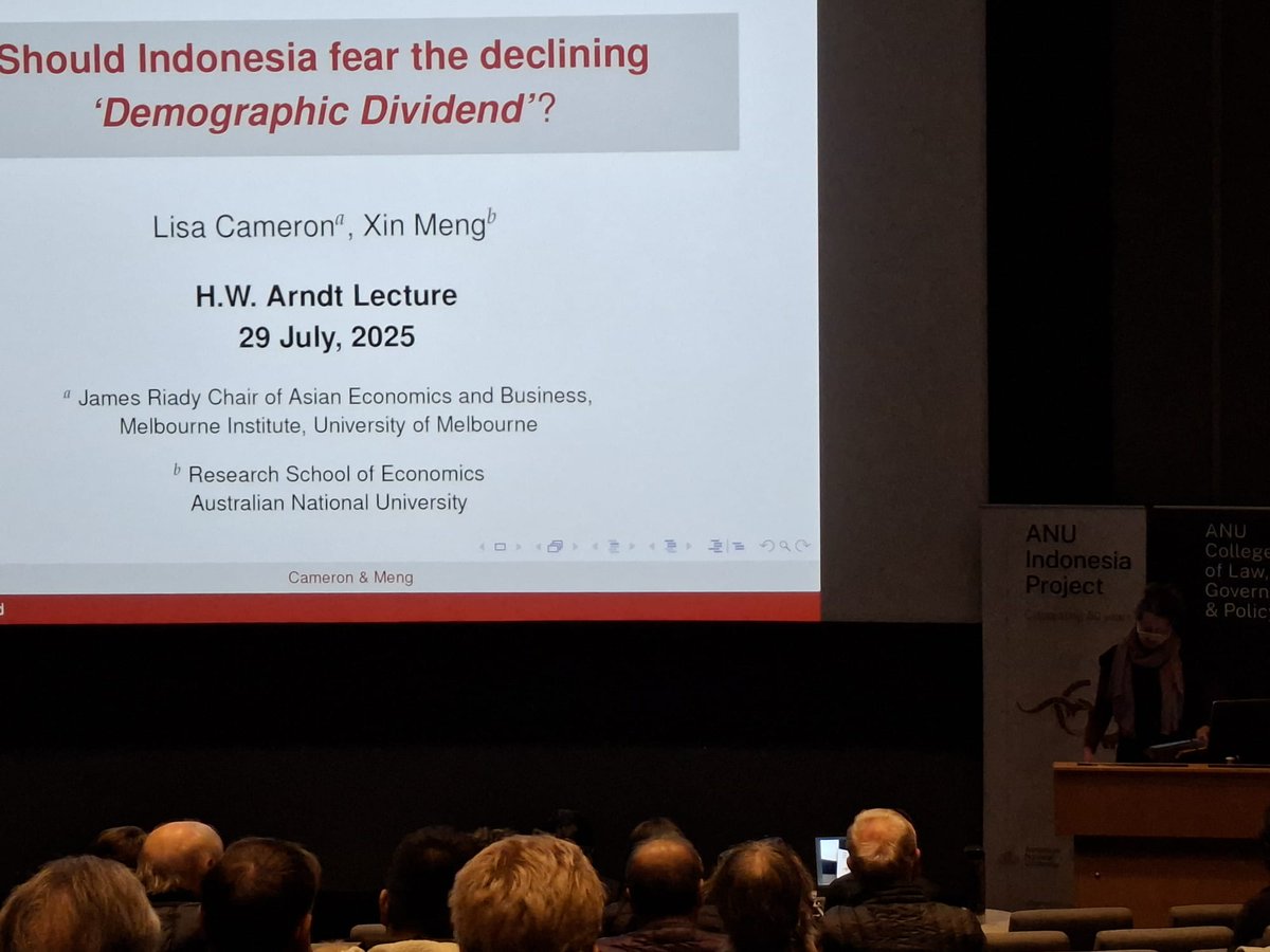 s_chowdhury01's tweet image. Fascinating lecture yesterday by Prof Lisa Cameron on Indonesia’s demographic dividend—or the lack of it. Bonus: a sharp China comparison via Prof Xin Meng. Thoroughly enjoyed it! #DevelopmentEconomics @ANUIndonesia @CameronLisaA @ANUCrawford