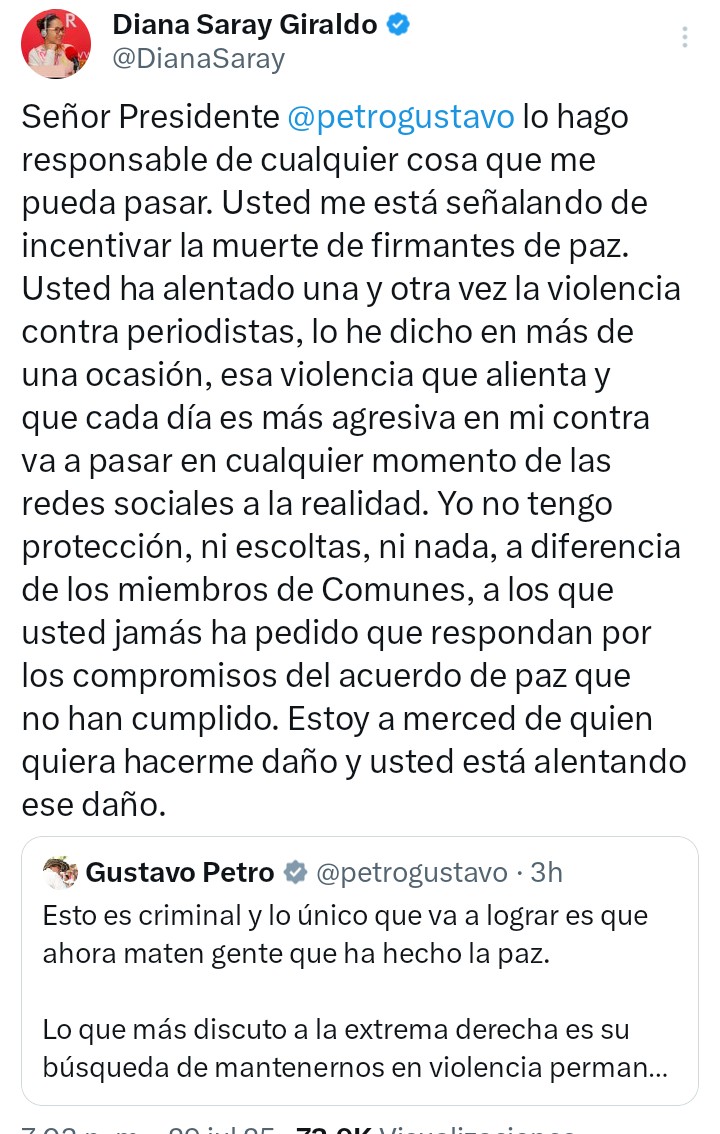 deisy dorelly (@deisydorelly) on Twitter photo Presidente <a href="/petrogustavo/">Gustavo Petro</a> sabía que la mujer Valente que UD estigmatiza <a href="/DianaSaray/">Diana Saray Giraldo</a> es la persona que está apoyando a esta mujer humilde madre víctima de sus amigos <a href="/ComunesCoL/">Partido COMUNES 🌹</a> porque desde que denuncie <a href="/SandraComunes/">Sandra Ramírez</a> me tienen amenazada de muerte y sin trabajo.
No sea tan cruel Presidente <a href="/petrogustavo/">Gustavo Petro</a> sabía que la mujer Valente que UD estigmatiza <a href="/DianaSaray/">Diana Saray Giraldo</a> es la persona que está apoyando a esta mujer humilde madre víctima de sus amigos <a href="/ComunesCoL/">Partido COMUNES 🌹</a> porque desde que denuncie <a href="/SandraComunes/">Sandra Ramírez</a> me tienen amenazada de muerte y sin trabajo.
No sea tan cruel