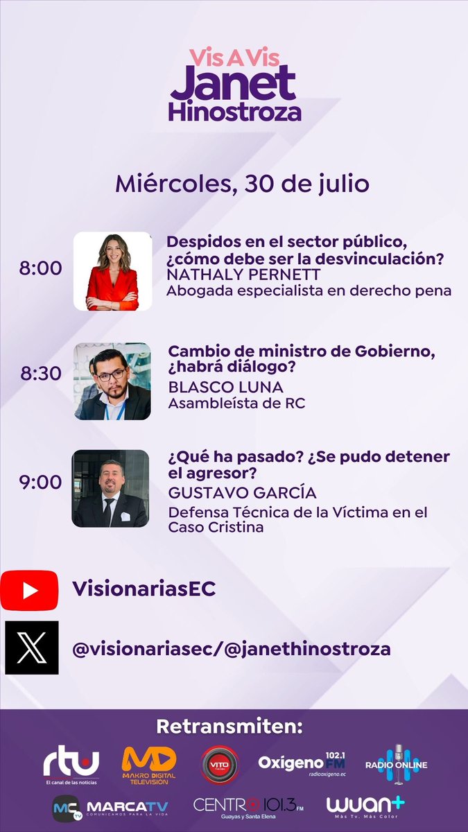 Miércoles en #VisaVis con <a href="/carlarcentales/">Carla Arcentales</a> nos acompañan: 

🎙️<a href="/nathapernett/">Nathaly Pernett Vallejo.✨🇪🇨</a> 
🎙️<a href="/blascoluna/">blasco luna</a> 
🎙️#GustavoGarcía 

Mira en vivo 👇🏼

youtube.com/@visionariasec…