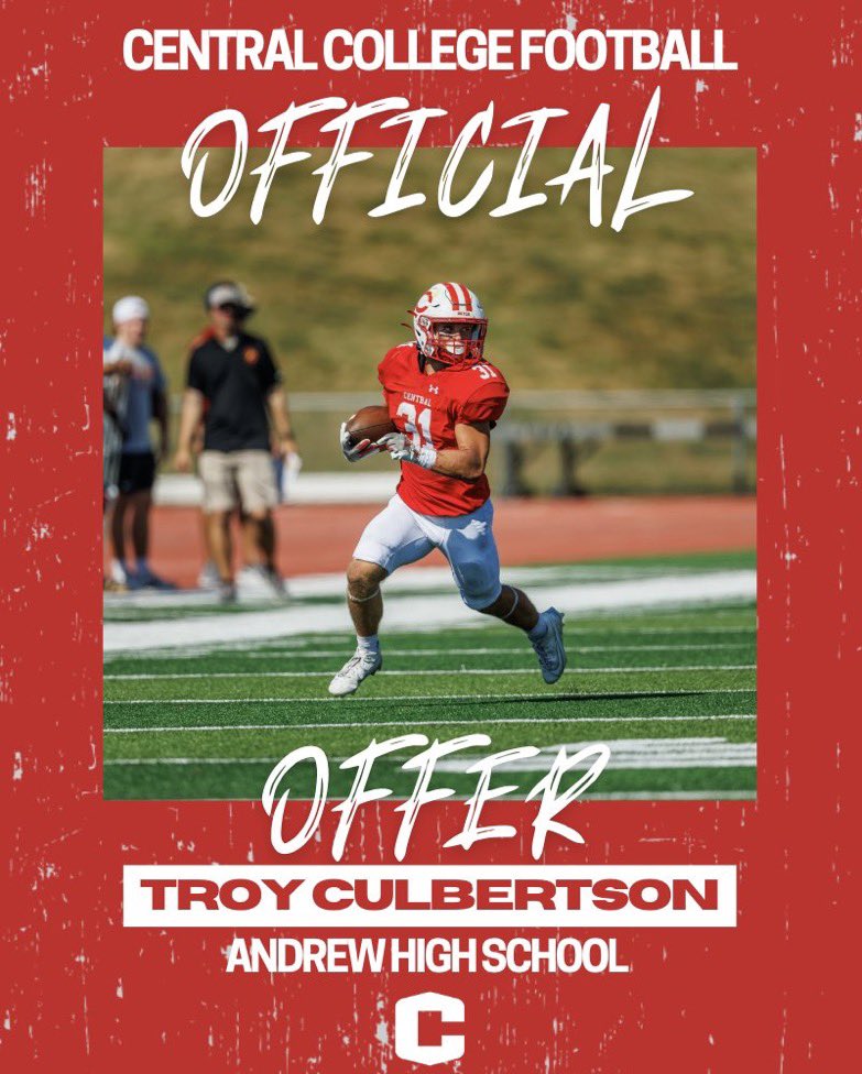 Troy Culbertson (@troyculbert5) on Twitter photo After a great call with <a href="/CoachTimLydon/">Tim Lydon</a> I am extremely grateful to have received an official offer to play at Central College.
#AGTG <a href="/CoachLew_66/">Adam W. Lewandowski</a> <a href="/VJA_FOOTBALL/">Andrew Football</a> <a href="/EDGYTIM/">Timothy “EDGYTIM” OHalloran</a> <a href="/PrepRedzoneIL/">Prep Redzone Illinois</a> <a href="/IL_MaxPreps/">Illinois MaxPreps</a> After a great call with <a href="/CoachTimLydon/">Tim Lydon</a> I am extremely grateful to have received an official offer to play at Central College.
#AGTG <a href="/CoachLew_66/">Adam W. Lewandowski</a> <a href="/VJA_FOOTBALL/">Andrew Football</a> <a href="/EDGYTIM/">Timothy “EDGYTIM” OHalloran</a> <a href="/PrepRedzoneIL/">Prep Redzone Illinois</a> <a href="/IL_MaxPreps/">Illinois MaxPreps</a>