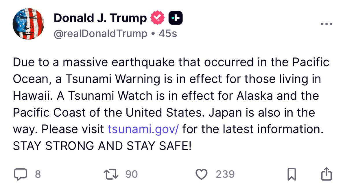 BREAKING 🚨 Donald Trump warns of a Tsunami after a MASSIVE Earthquake in the Pacific. WOW

Please pray for Hawaii, Alaska and Japan 🙏