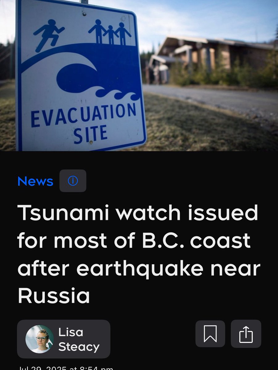 🚨An 8.7 earthquake struck off Russia’s Kamchatka Peninsula and tsunami watch is in effect along B.C. coast
✅ Stay away from beaches and waterfronts
✅ Follow <a href="/EmergencyInfoBC/">EmergencyInfoBC</a> and local alerts
This is precautionary – stay calm, stay informed, stay safe.
#TsunamiWatchBC @cmateams