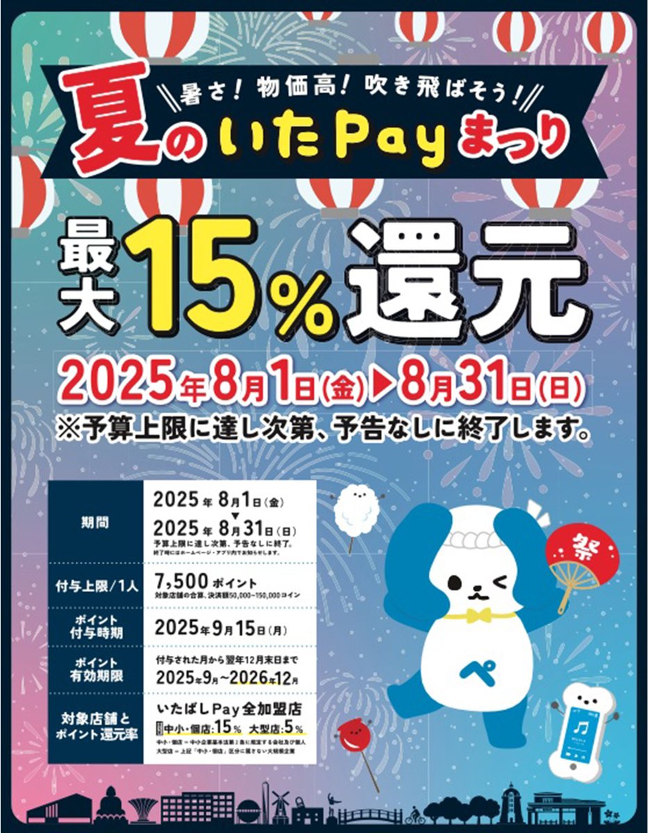 サイクルオリンピック大山】 暑さ！物価高！吹き飛ばそう！ 『 夏のいたＰａｙ まつり 』 8月1日から31日まで  還元率アップのキャンペーンがスタート🚩 自転車購入でも修理でもお使いいただけます。 お得なこの機会にぜひご利用ください！  https://t.co/ZkyHk6uEQw #大山 ...