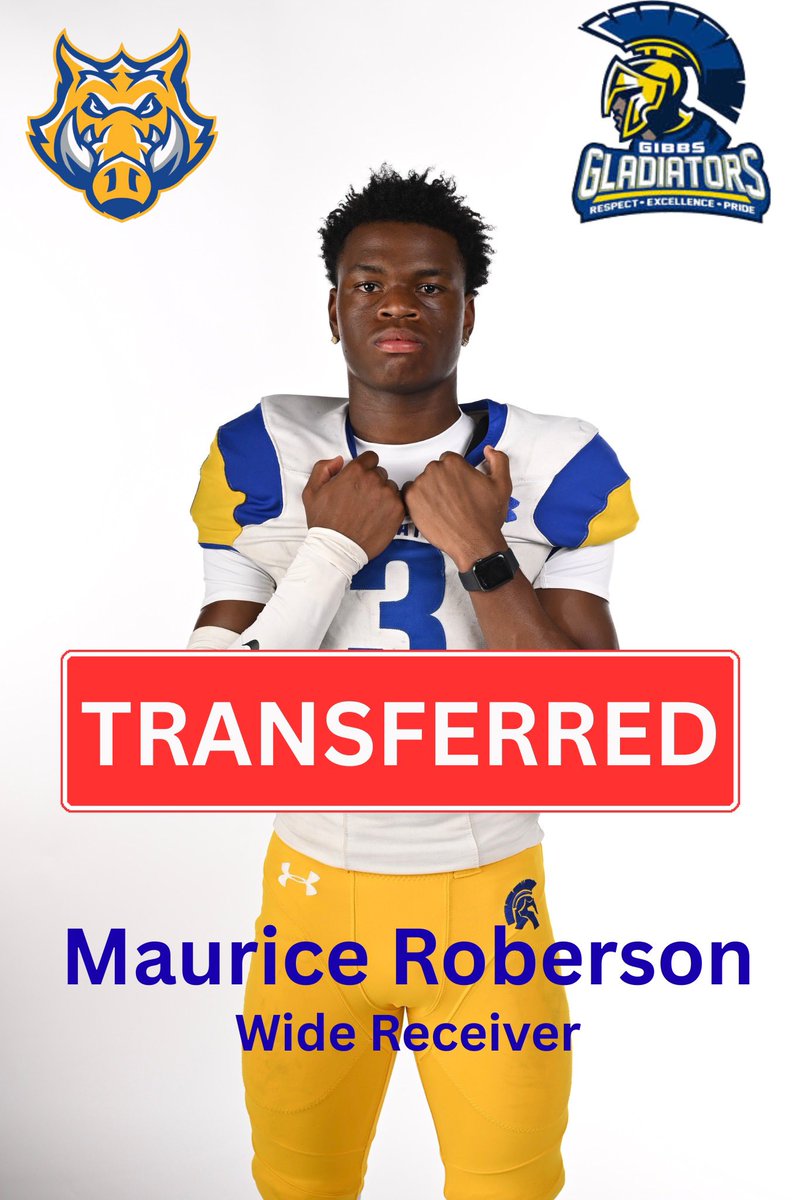 🚨 TRANSFER ALERT 🚨
Maurice Roberson is bringing the heat to Gibbs High School!
💥 Wide Receiver | Class of 2028
💪 Big plays. Big goals. Bigger future.

Welcome to the Gibbs Gladiators, Maurice! 
#GibbsFootball  #WideReceiverU #ClassOf2028 #FloridaFootball